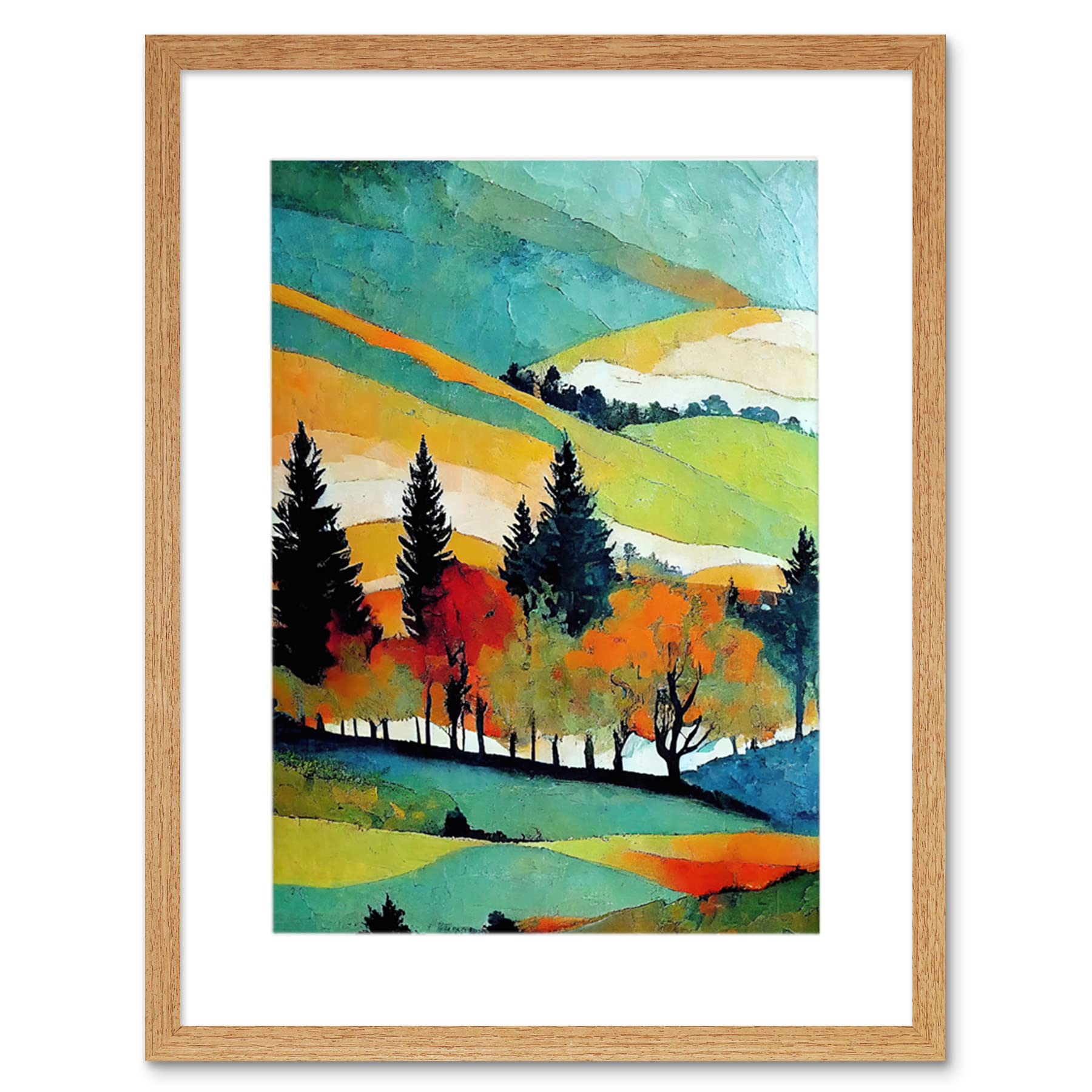 Wee Blue Coo Colourful Autumn Landscape Scotland Hillside Forest Oil Painting Artwork Framed Wall Art Print 12X16 Inch