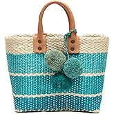 MAR Y SOL Women's Samana II Ombre Stripe Sisal Handheld Mini Tote Straw Bag w Pom Pom