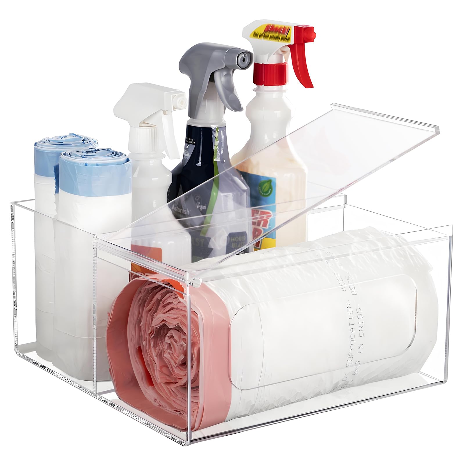 Photo 1 of Aphbrada Acrylic Trash Bag Holder Dispenser Kitchen and Bathroom Organizers and Storage - Large Garbage Bag Dispenser Under Sink - Clear Laundry Room Organization with Lid