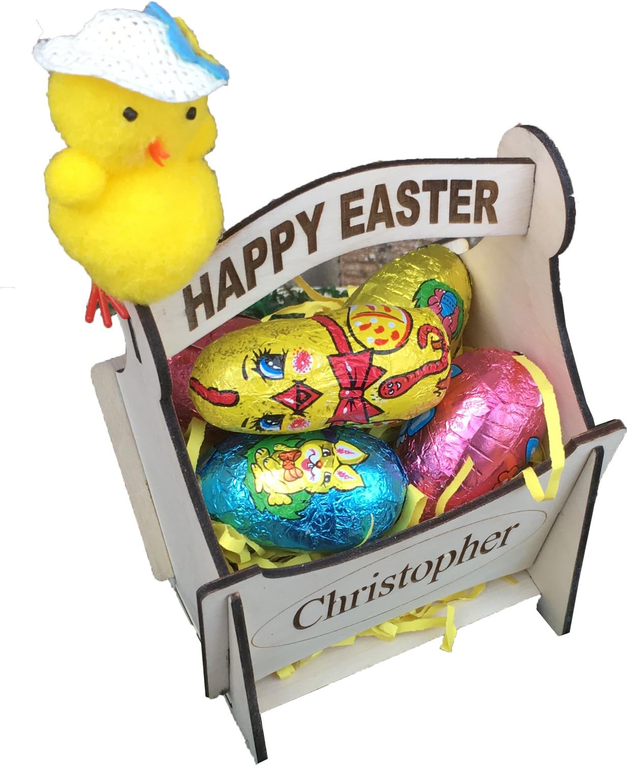 PERSONALISED CUSTOM MADE BIRCHWOOD LASER ENGRAVED EASTER EGG BASKET