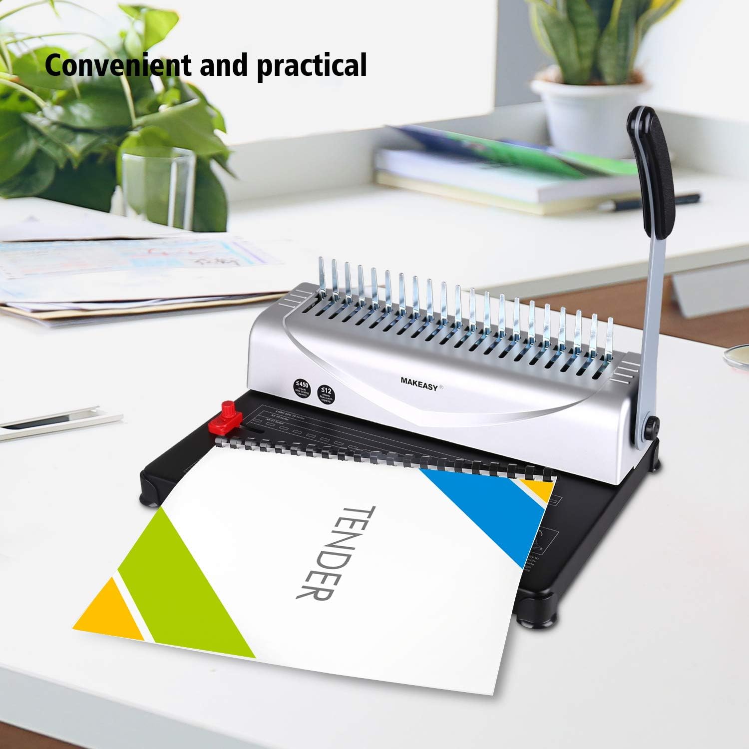 MAKEASY Binding Machine, 21-Hole, 450 Sheet, Paper Punch Binder with Starter Kit 100 PCS 3/8'' PVC Comb Bindings, Comb Binding Machine for Letter Size / A4 / A5 : Office Products