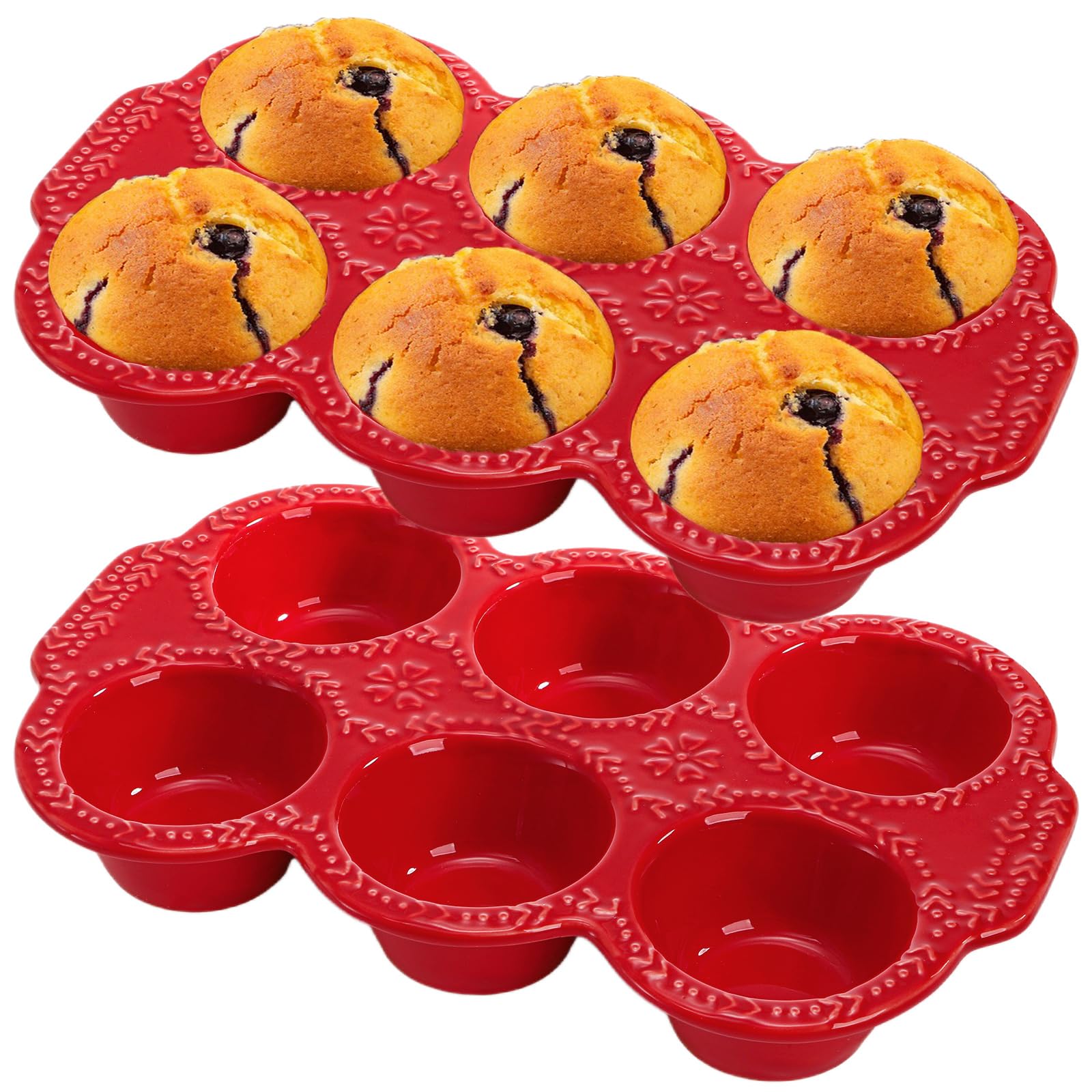 Photo 1 of ****FINAL SALE NOT RETURNS****Hiceeden 2 Pack 6-Cup Ceramic Muffin Pan, Nonstick Cupcake Baking Pans with Handle, Ceramic Muffin Tin with Embossed Pattern for Muffin, Cupcake, Red