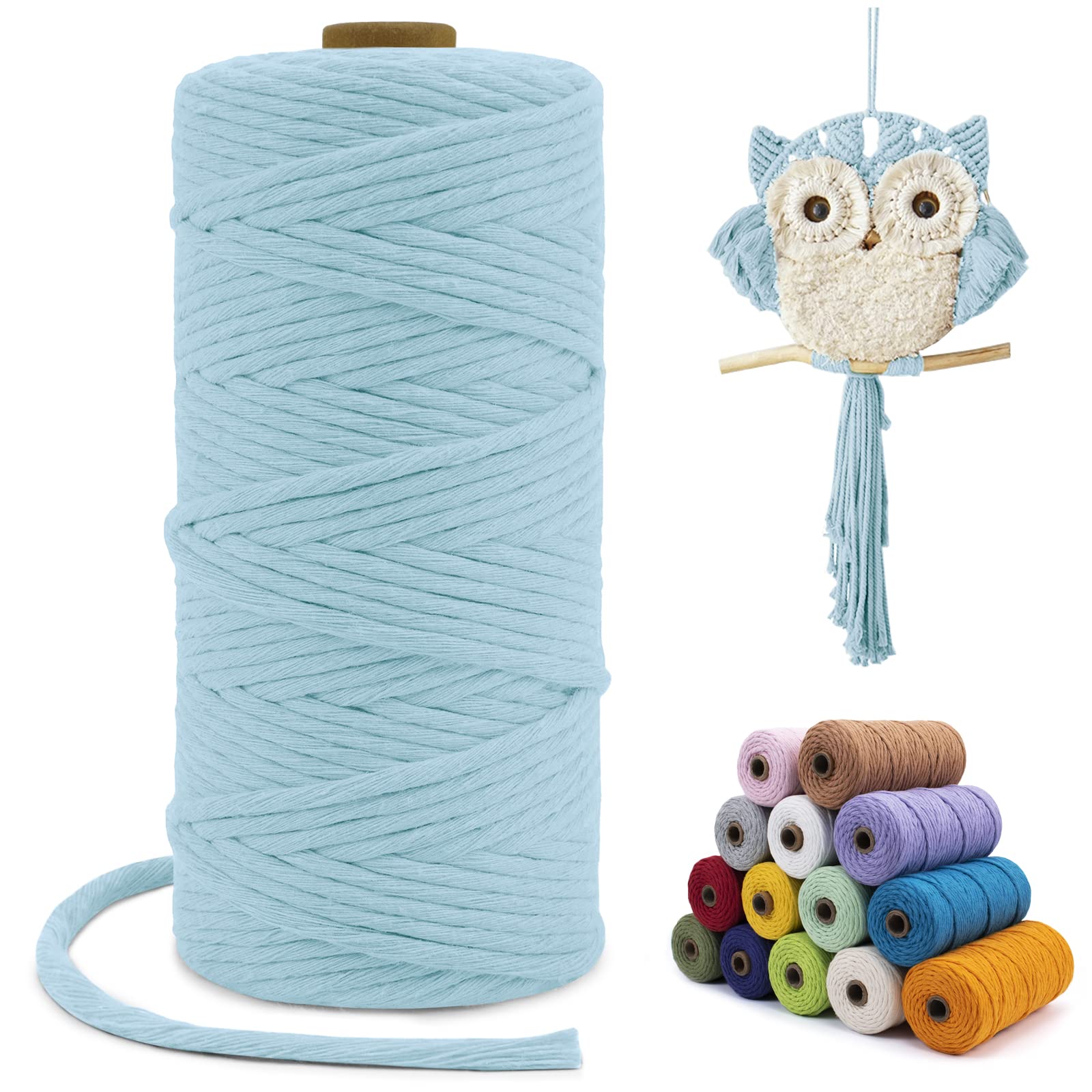 LEREATI Macrame Cord 3mm x 100m, Single Strand Thick Macrame Rope Yarn Natural Cotton Cord, Craft Macrame String for Plant Hanger, Wall Hanging, Knitting, DIY, Home Decorations (Light Blue)