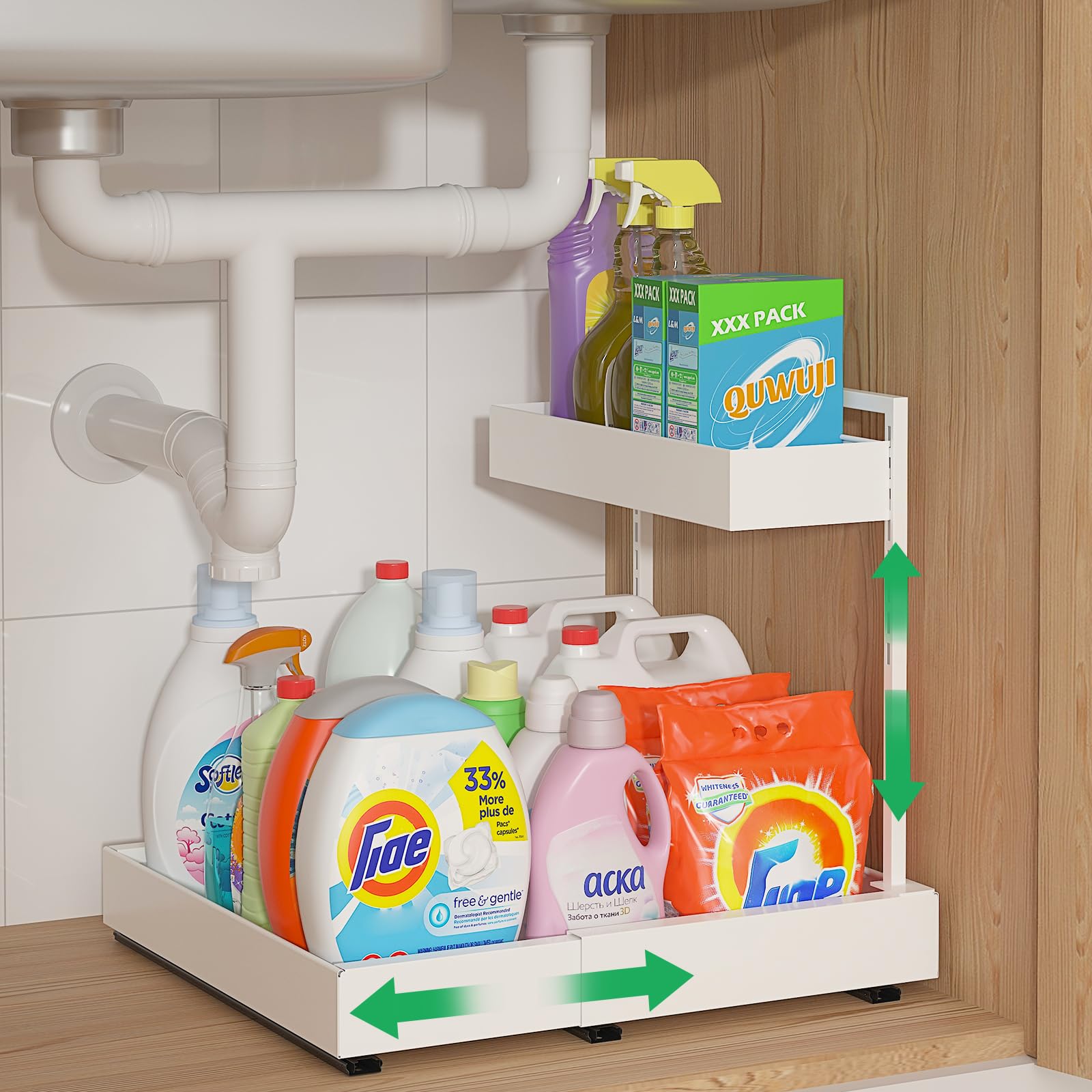 Photo 1 of REALINN Expandable Under Sink Organizers and Storage, 2 Tier Under Cabinet Organizer, Heights Adjustable Pull Out Rack for Kitchen Bathroom Laundry, White, 1 Pack