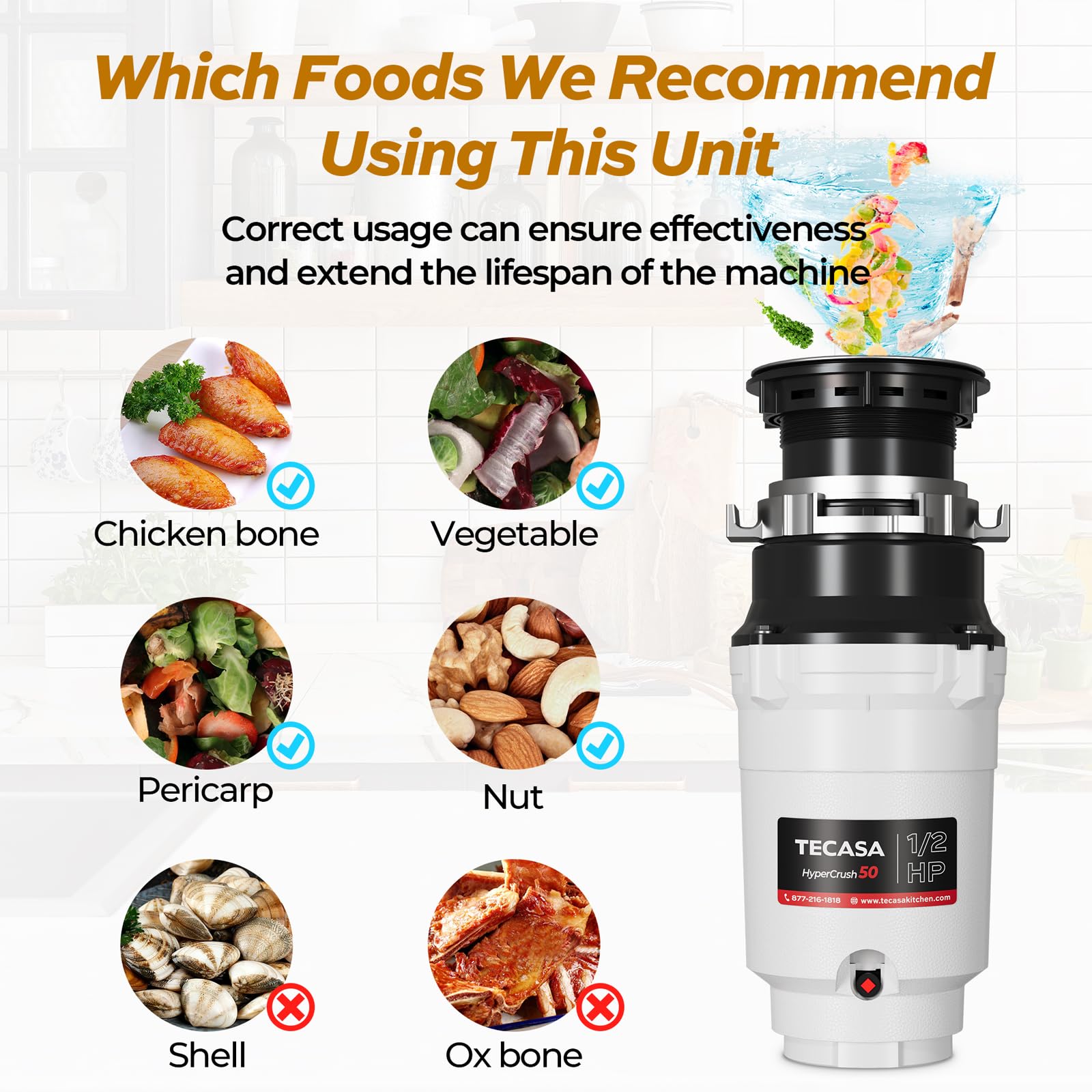 1/2 HP Garbage Disposal, TECASA Power Cord Included, Continuous-Feed Stainless Steel Food Waste Grinding System for Kitchen Sink Disposal, White and Black, HyperCrush 50