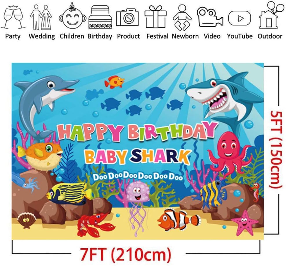 Shark Birthday Party Decoration, 7x5FT Baby Shark Backdrop, Shark Banner Photography backdrops Photo, Baby Shower Birthday Party Banner Decoration - Image 4