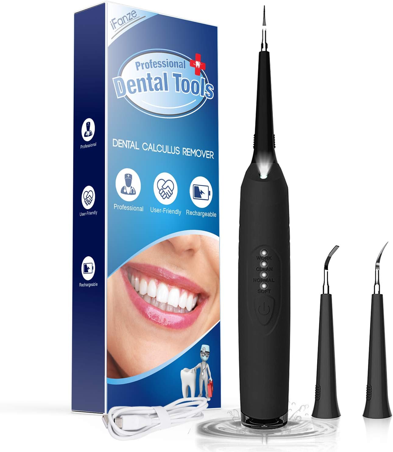 Teeth Calculus Remover, Dental Tools, Electric Tartar Scraper Plaque Remover Stainless Steel Dental Cleaner by iFanze (Black)