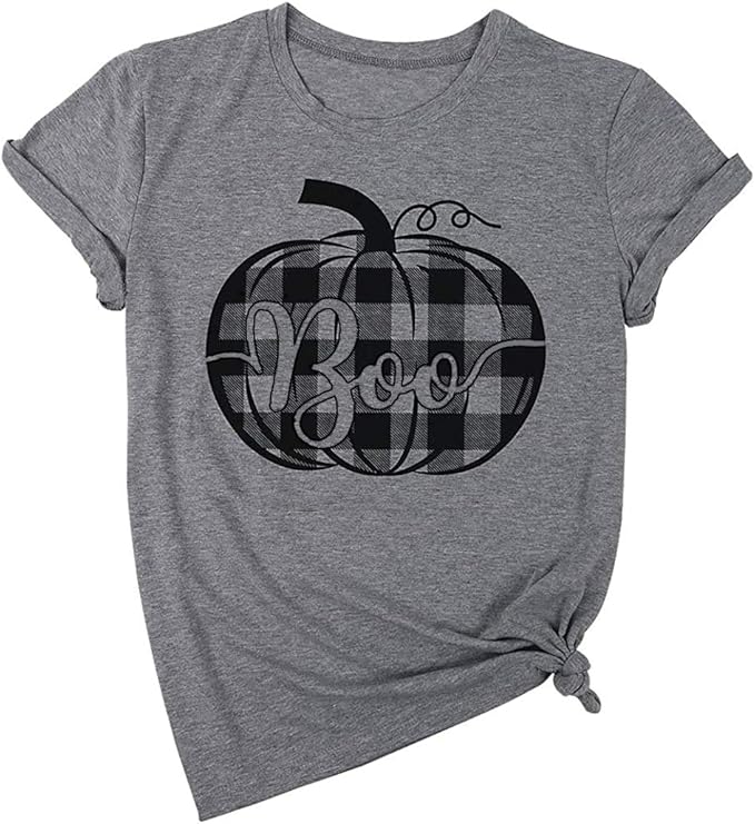 Women's Halloween T-Shirt Boo Cute Pumpkin Graphic Fall Tees Pumpkin Plaid Thanksgiving Short 