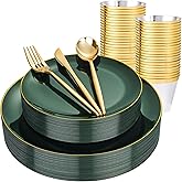 bUCLA 150PCS Green Plastic Plates - Green and Gold Disposable Include 25 Each (Dinner & Dessert) Plates, 25 Knives, 25 Forks, 25 Spoons and 25 Cups, Ideal for Party&Christmas