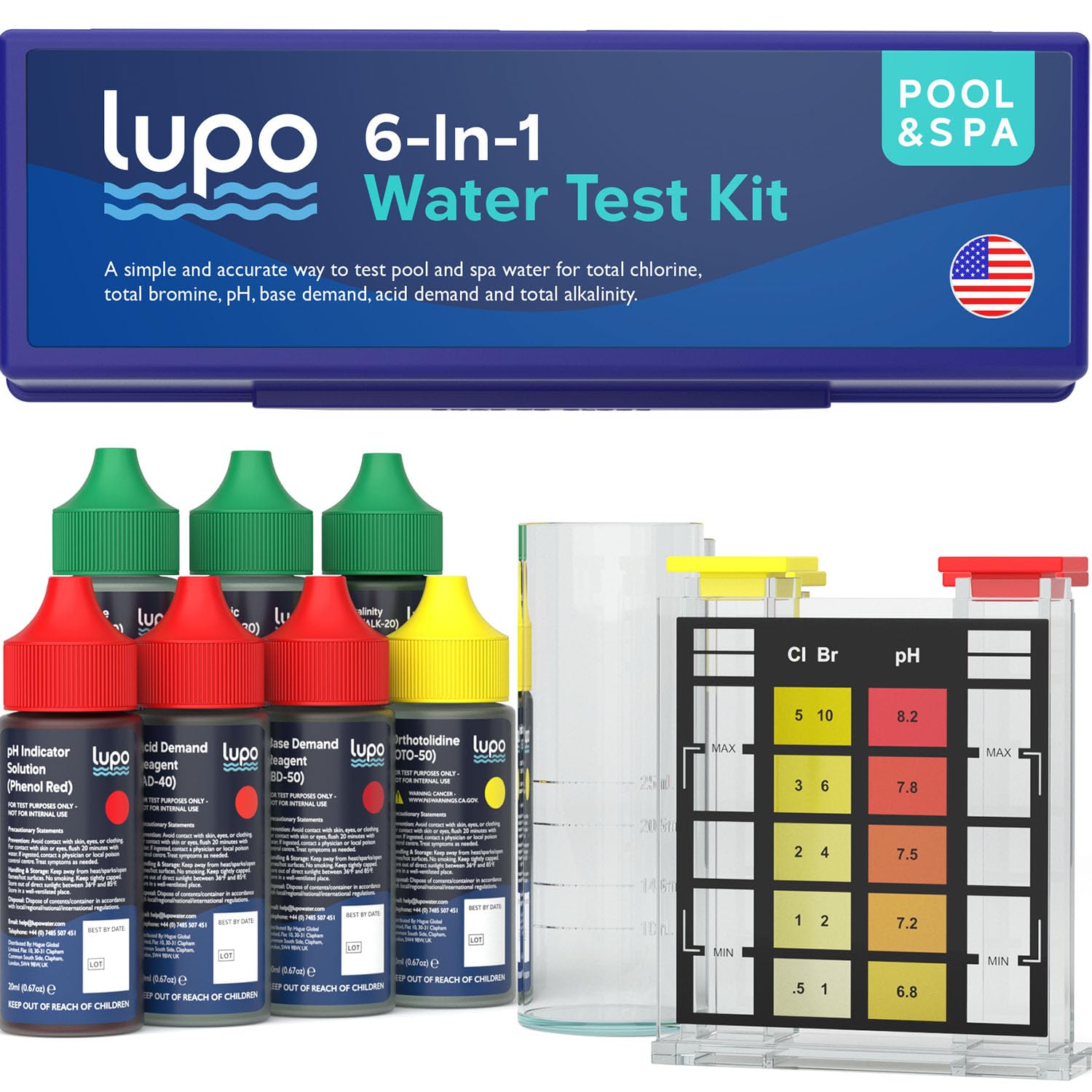 Photo 1 of Lupo 6-in-1 Pool Test Kit | Pool Testing Kit for Residential Swimming Pools & Spas for Testing Total Chlorine, Total Bromine, pH, Base Demand, Acid Demand & Total Alkalinity Quick & Accurate Testing