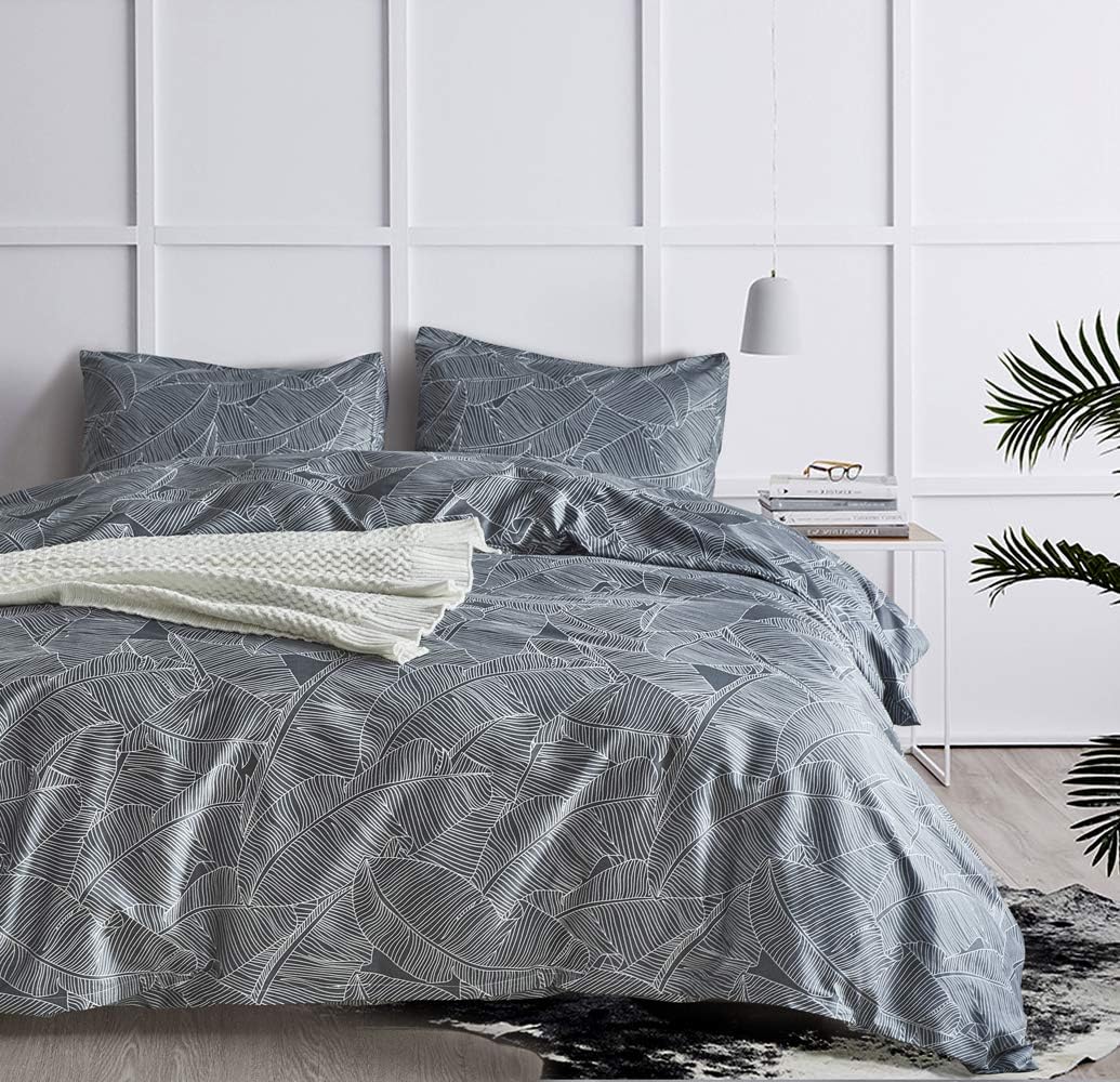 HYPREST Leaves King Duvet Cover Set Lightweight Soft Grey 3PC Comforter Cover Set Hotel Quality with Darkleaf Design (King)