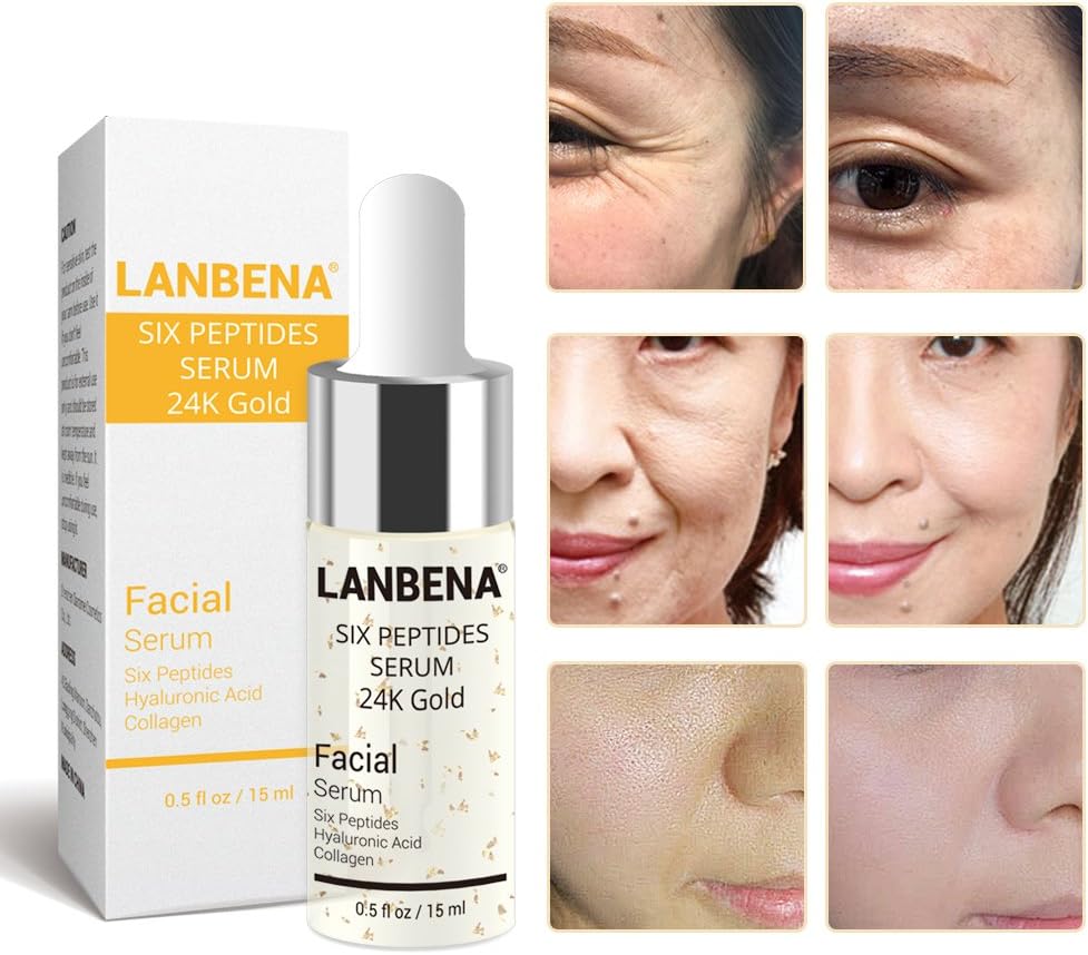 LANBENA Vitamin C Serum，Six Peptides Serum 24K Gold，Hyaluronic Acid Serum,Remove Freckle Fade Dark Spot Anti-aging Whiten Moisturize Facial Serum. (Six Peptides Serum 24K Gold)