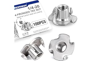 USDRWAM 100 Pack 1/4"-20 T Nuts for Wood, Zinc-Plated Carbon Steel 4-Prong Tee Nuts for Furniture, Cabinets, and Rock Climbing Holds