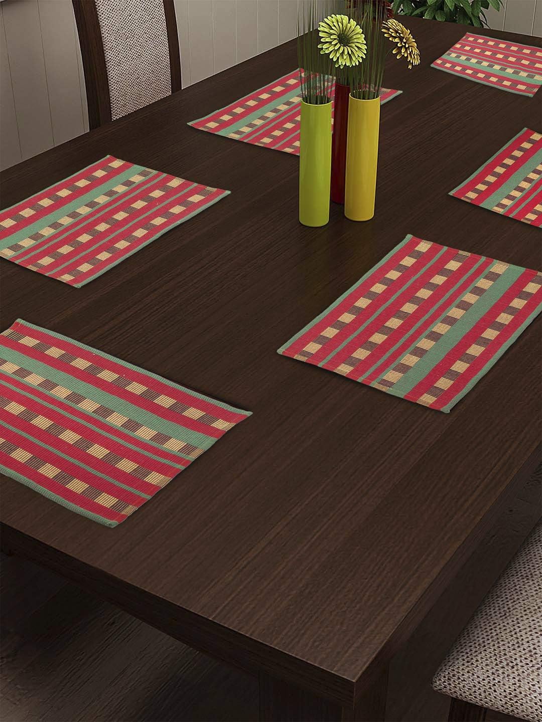 Dhrohar NEUDIS Cotton Table Placemats Set of 6 Hand Woven Ribbed Washable Table Mats, 33 X 45 cms (Maroon&Green)
