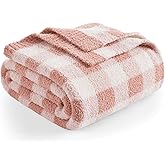 Snuggle Sac Checkered Throw Blanket for Couch, Super Soft, Cozy Warm Knit Decorative Blankets, Reversible Plaid Fluffy Throws for Sofa, Bed, Plaid Pink, 50x60 Inches