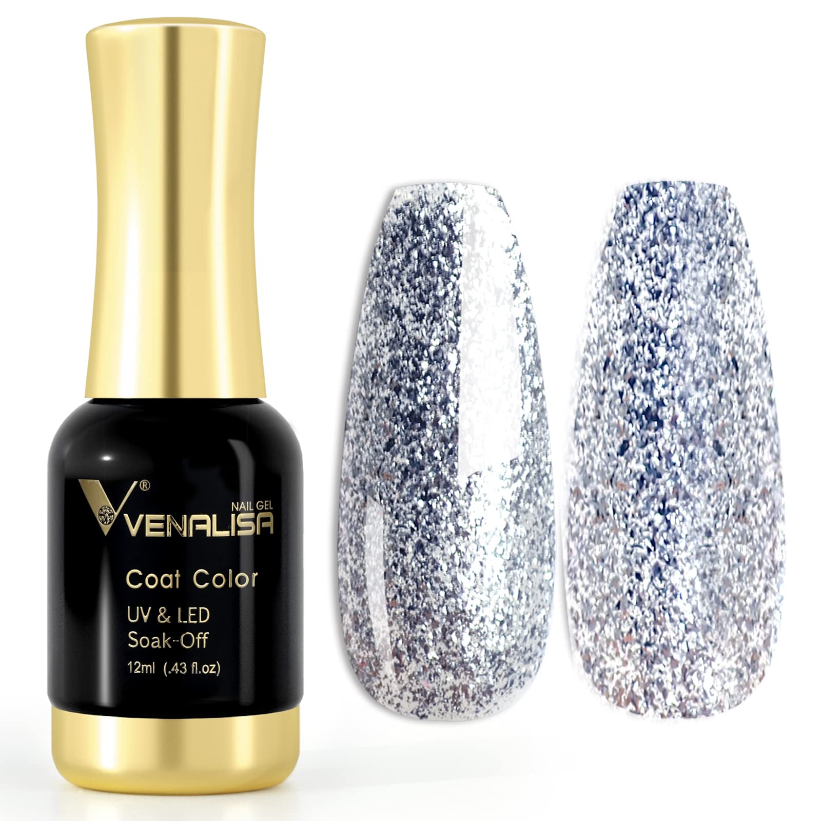 VENALISA 12ml Silver Glitter Gel Nail Polish Soak Off Nail Lamp UV LED Natural Nail Gel Polish Nail Art DIY Manicure French Gifts, 0.43 OZ