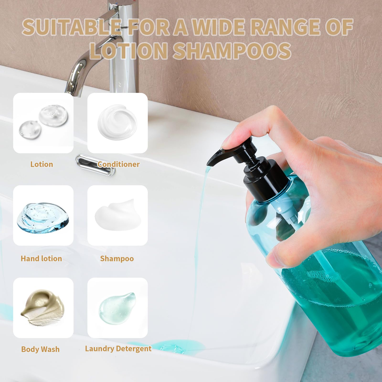 Bynccea Plastic Pump Bottle 16 oz/500 ml Empty Shampoo Pump Bottles Dispenser Portable Pump Bottles for Shampoo and Conditioner Liquid