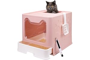 FOPHOP Foldable Cat Litter Box with Lid, Enclosed Potty, Large Top Entry Anti-Splashing Toilet, Easy to Clean Including Litter Scoop and 2-in-1 Cleaning Brush (Pink)