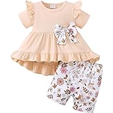 Kucnuzki Baby Girl Clothes Toddler Girls Summer Outfits Kids Short Fly Sleeve Cute Ruffle Shirts Tops Floral Shorts Set