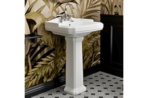 23"W x 19"D Classic Vintage Bathroom Pedestal Sink, Los Flexi 23 Inch White Ceramic Freestanding Sinks for bathrooms, Overflow, 3 Pre-Drilled Holes for 4-Inch Faucets, Easy Install
