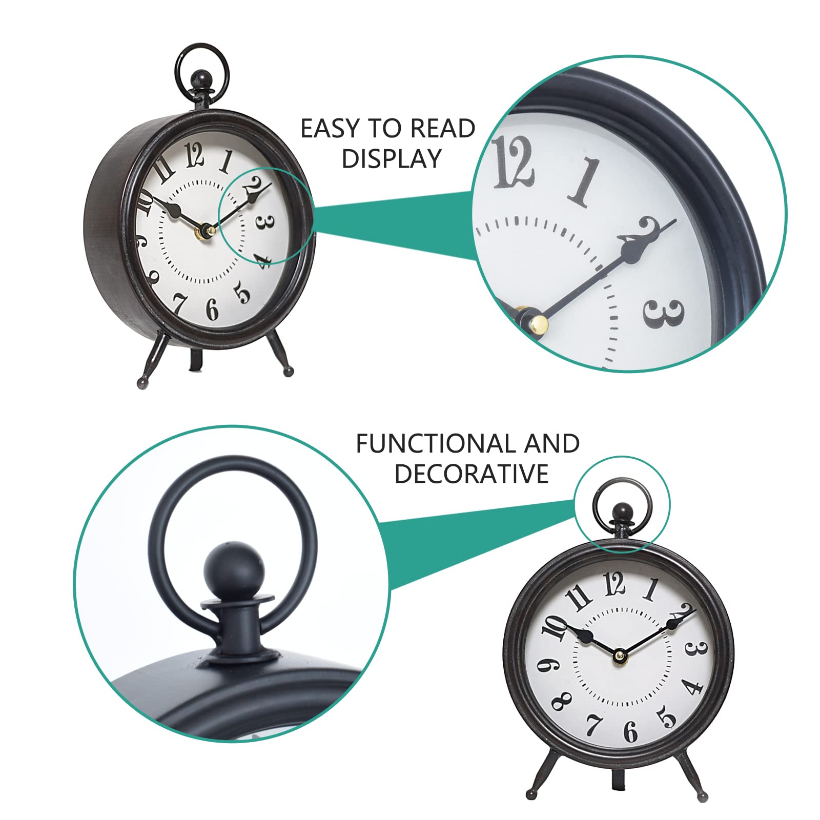 Vintage Black Table Clock on Stand, Decorative Desk and Shelf Clock, Rustic Mantel Clock Farmhouse Clock Non-Ticking