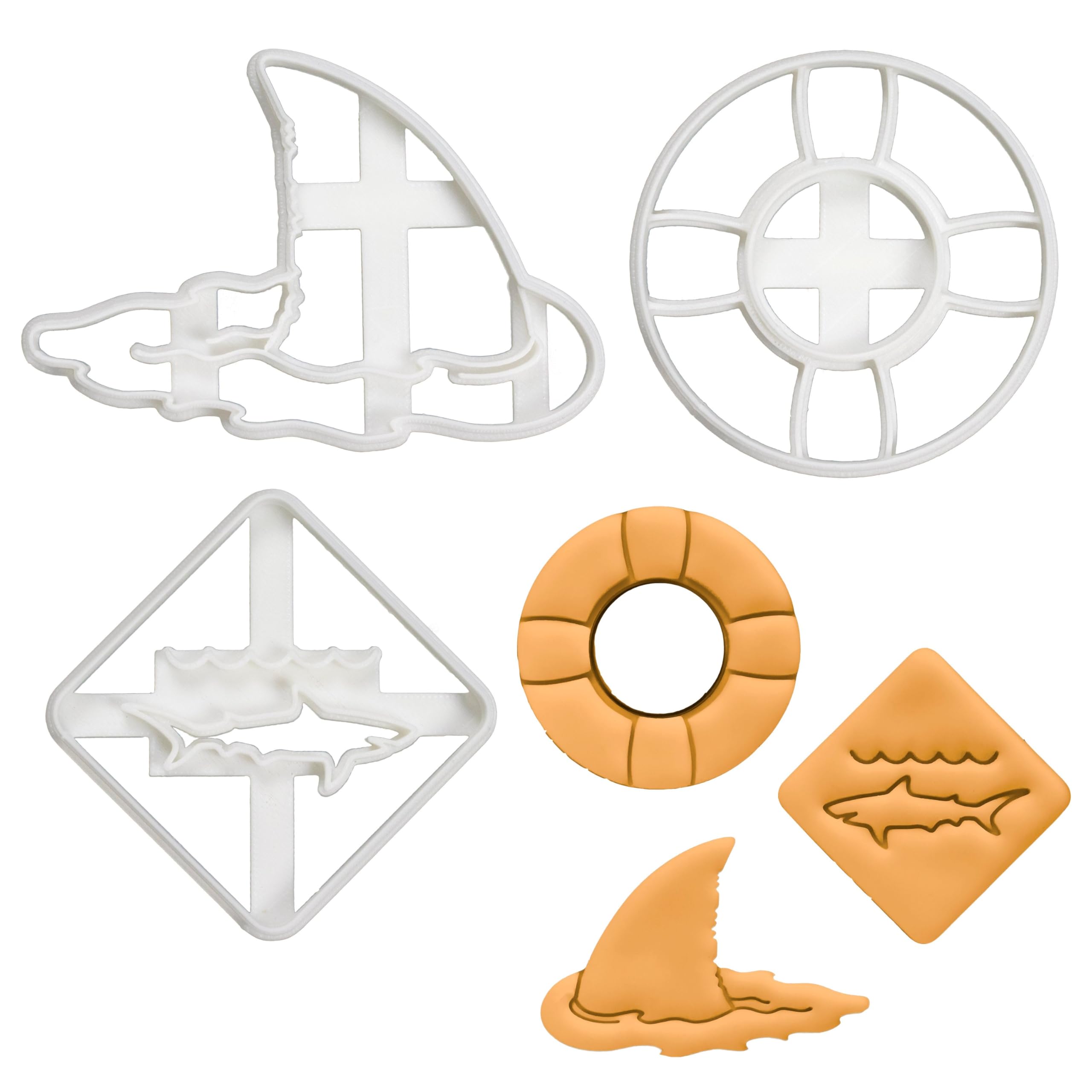 BAKERLOGY Set of 3 Shark Attack Themed Cookie Cutters (Designs: Fin, Life Buoy, and Warning Sign) - Detailed Biscuit Cutter Design for Baking and Crafts, Ideal on Fondant, Dough, Clay