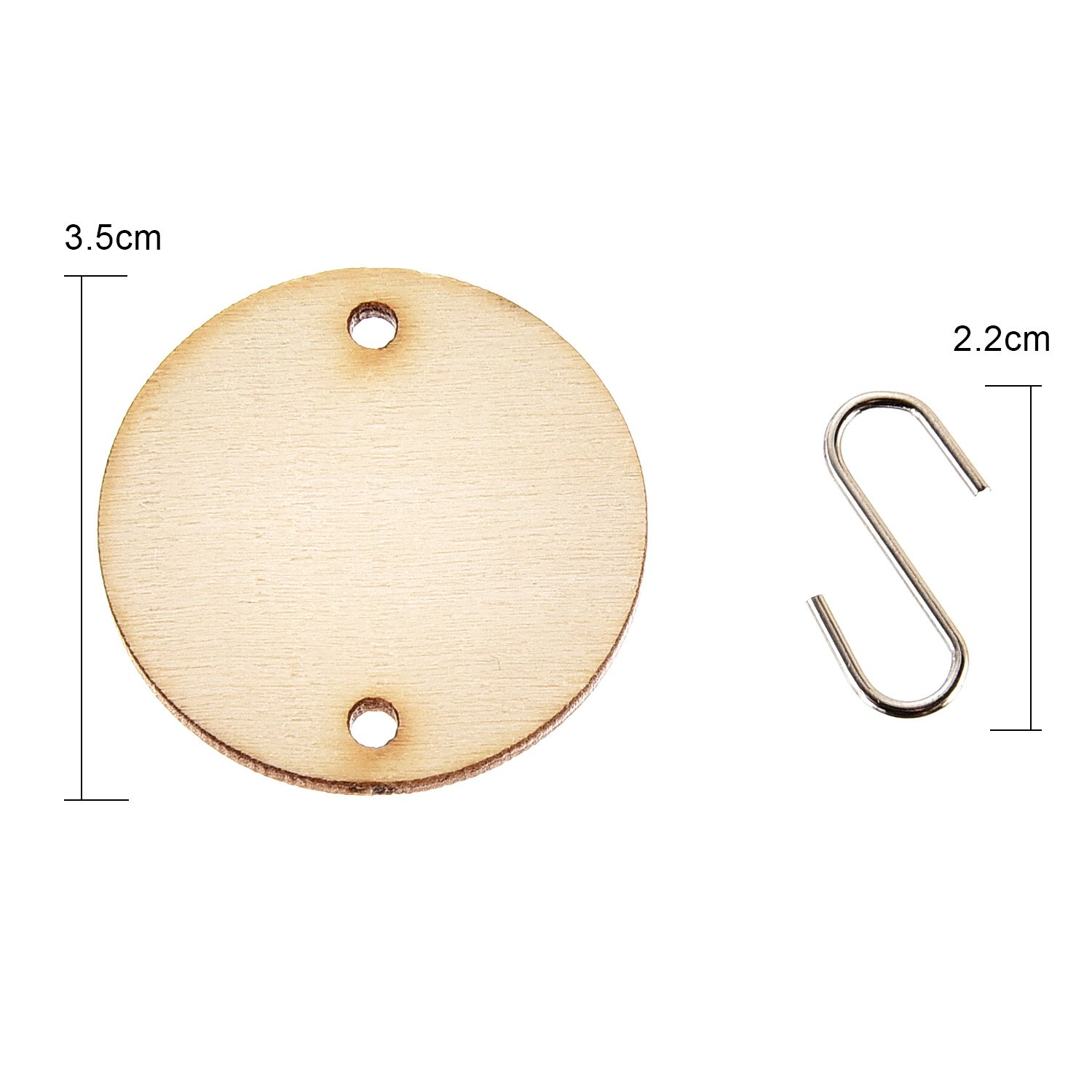 Hicarer Pack of 100 Christmas Wooden Tags with 2 Holes Round Wooden Discs and 100 Pieces S Hook Connectors for Birthday Boards, Chore Boards and Crafts