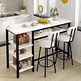 AWQM 3-Piece Bar Table and Chairs Set, Modern White Faux Marble Table with 2 PU Cushion Bar Stools, Kitchen Counter with 3 Tier Storage Shelves, Space Saving Table for Home &amp; Kitchen, Black Frame