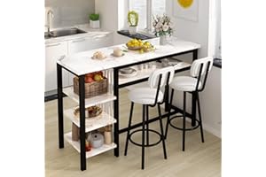 AWQM 3-Piece Bar Table and Chairs Set, Modern White Faux Marble Table with 2 PU Cushion Bar Stools, Kitchen Counter with 3 Tier Storage Shelves, Space Saving Table for Home & Kitchen, Black Frame