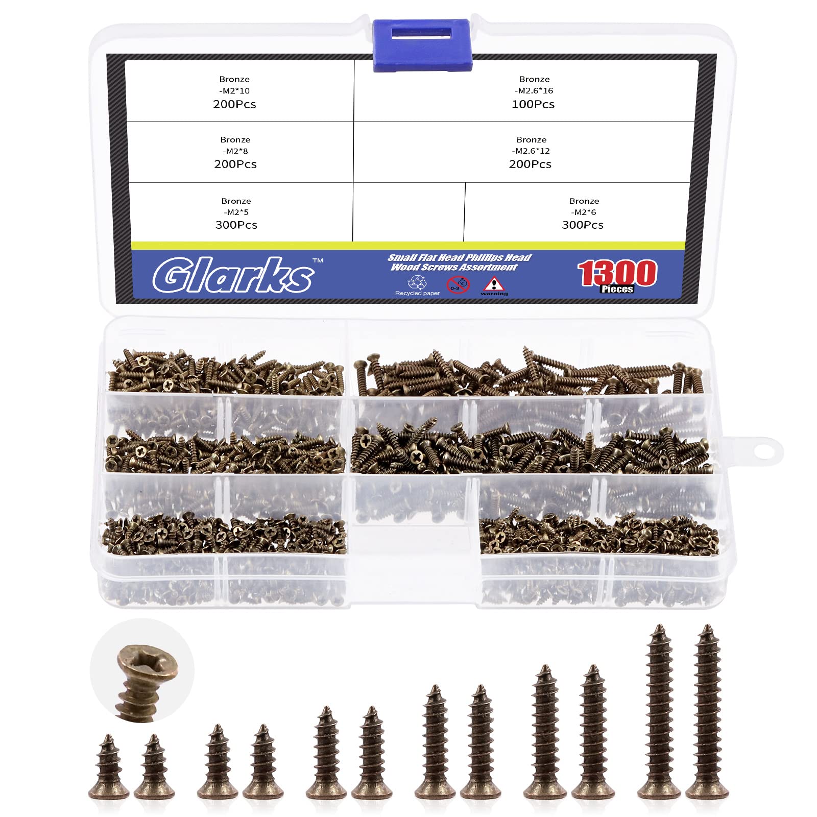 GLARKS G1703 1300Pcs 5mm 6mm 7mm 8mm 10mm Small Tiny Nails Wooden Screws Set Bronze Self Drilling Flat Cross Head Screws Assortment Kit for Home Furniture Decor (Bronze)