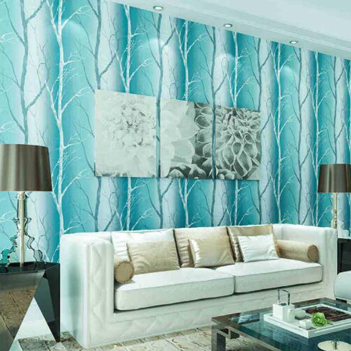 WANGHH Simple And Environmentally Friendly Non-woven Wallpaper Color Tree Living Room TV Background Bedroom Wall Stickers,Blue-0.53m*10m=5.3m²/Roll