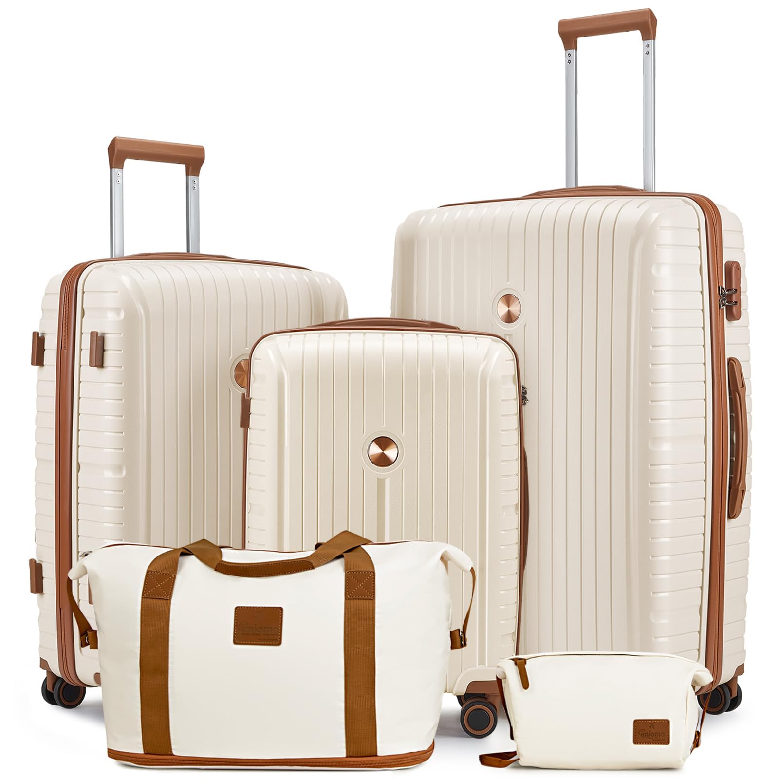 Joyway Luggage Sets 5 Piece PP Hardshell Carry on Suitcase, Travel Lightweight Carry-on with Double Spinner Wheels and TSA Lock, Beige Brown