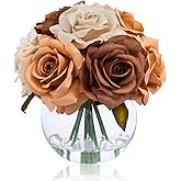 WELL KNOWN Silk Rose Artificial Flowers Arrangements with Vase, Artificial Earth Coffee & Orange Rose Bouquet in Vase with Faux Water for Spring Home Party Wedding Table Centerpieces Decor & Mom Gift
