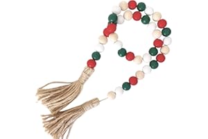 FOUNDATIONS DECOR Wood Bead Garland - Wooden Boho Bead Garland with Tassels - Boho Beads Home Decor for Shelf, Table, Wall & Mantel Styling - Colorful Decor Beads by Foundations Décor - Green, Red, White, Natural