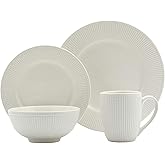 Tabletops Gallery Embossed Bone White Porcelain Round Dinnerware Collection- Chip Resistant Scratch Resistant, Fleur 16 Piece Dinnerware Set (Dinner Plate, Salad Plate, Cereal Bowl, Mug)