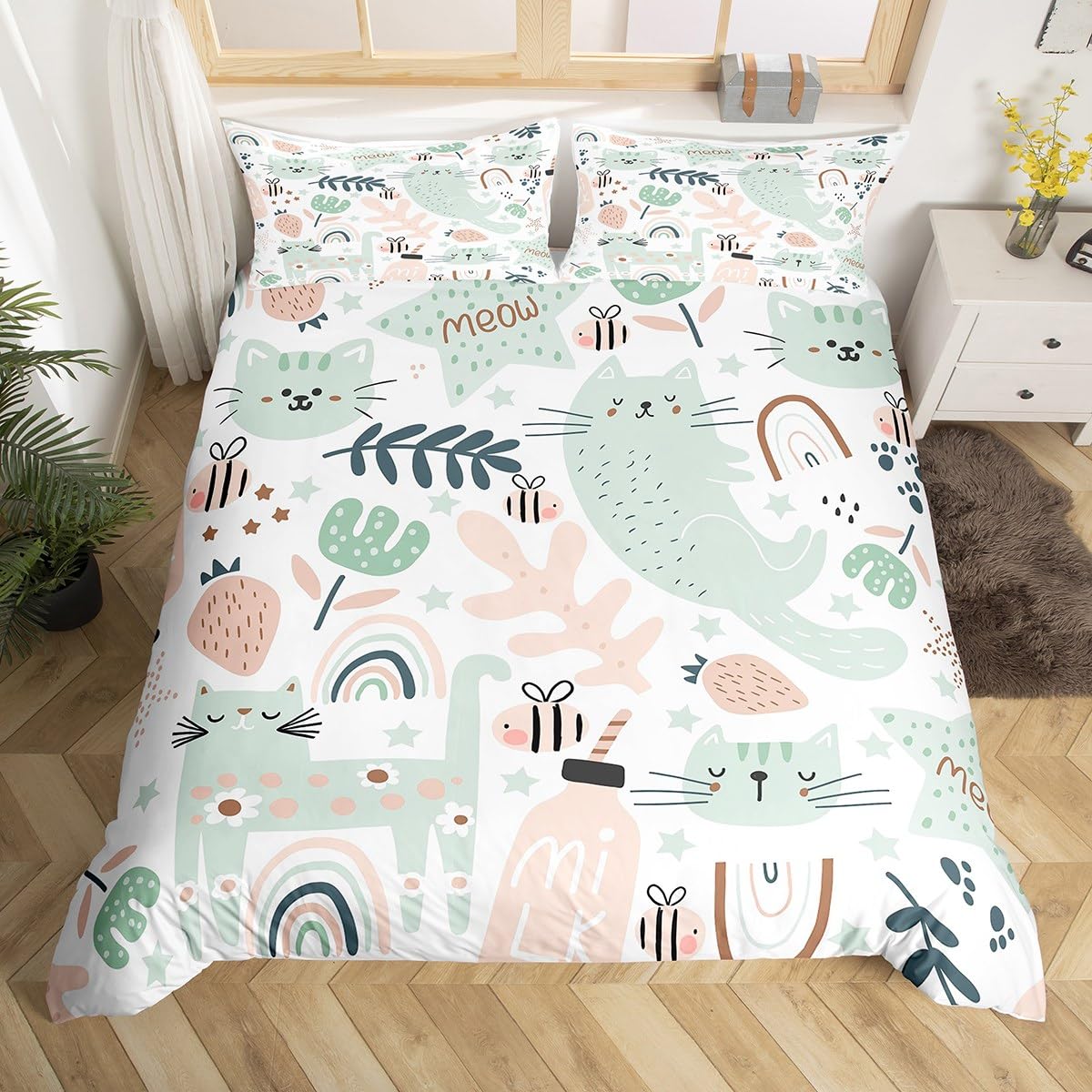 Cartoon Cat Duvet Cover Kids toddler Cartoon Rainbow Kitten Print Bedding Set Kawaii Pet Cats Comforter Cover Cats and Flowers Bedspread Cover Lightweight Quilt Cover Double