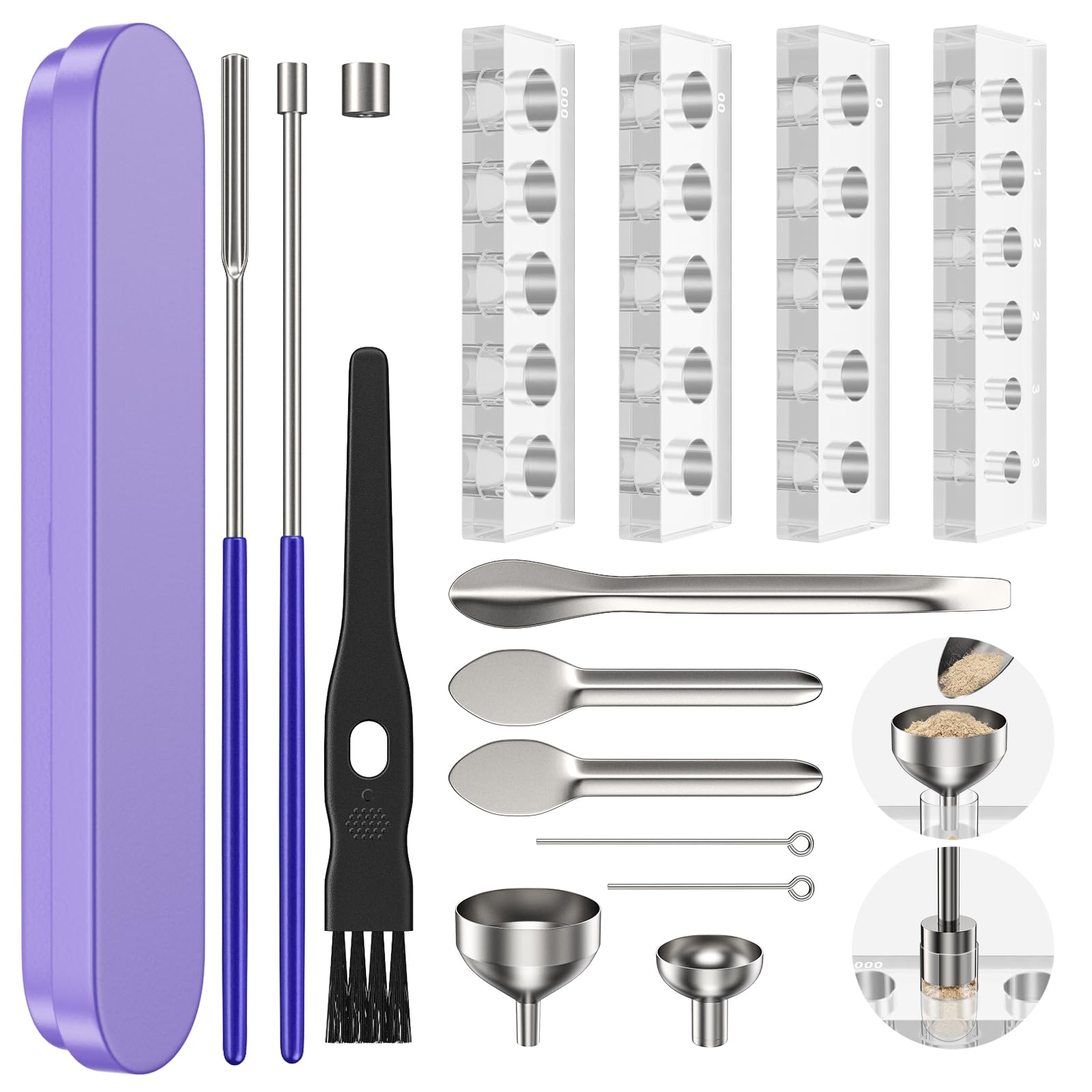 Photo 1 of 15Psc Filling Tools Tray Kit - Capsule Tamper Filler Maker Tool & Tray Holder - for Home & Lab Empty Gel Spoon Scoops Funnel Fill Size #000 00 0 1 2 3 Funnels