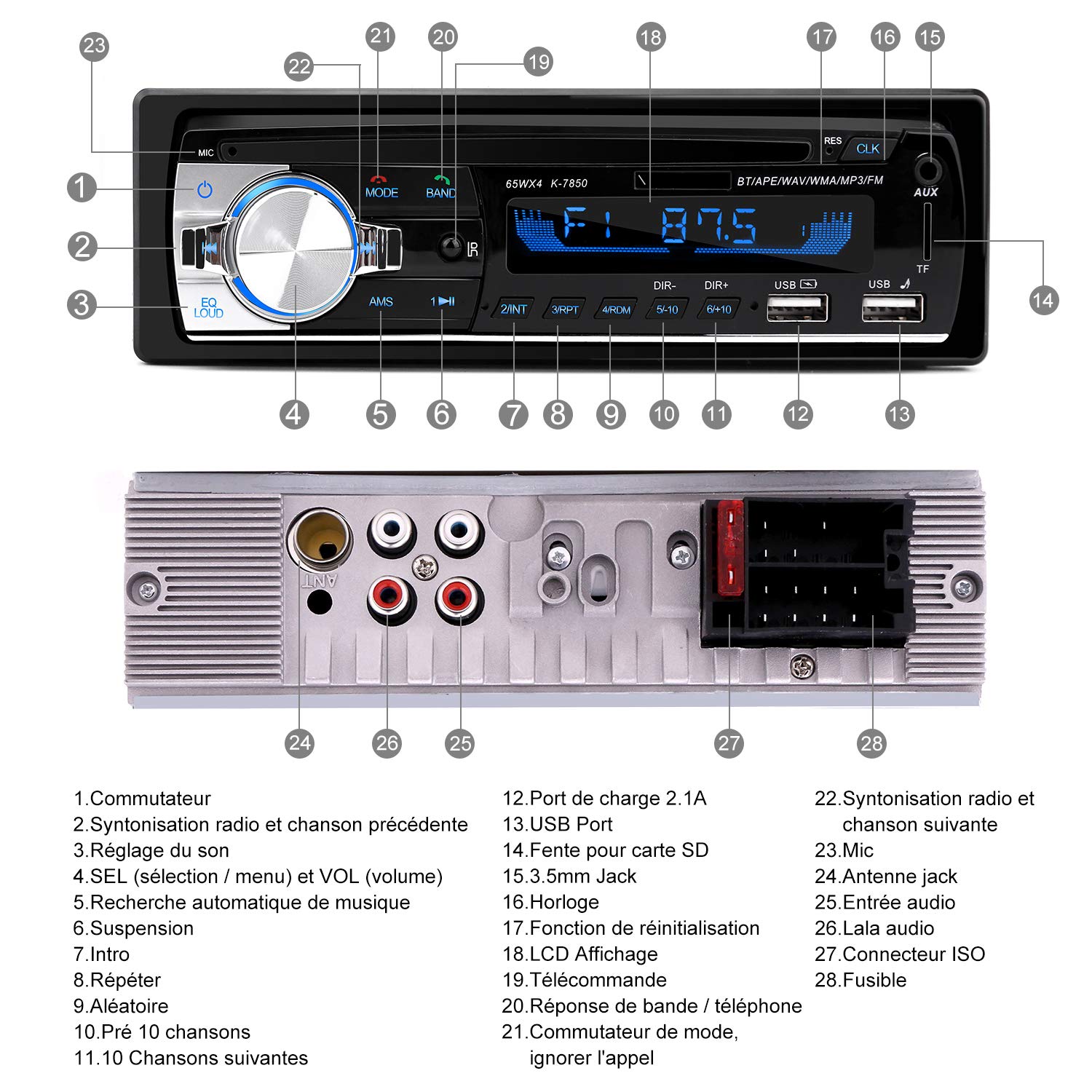 Autoradio Bluetooth, CENXINY 1 DIN Radio Voiture Récepteur avec Lecteur MP3 WMA FM Télécommande, Deux USB Port,Main Libre Stéréo 4 x 65W Soutien iOS, Android