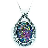 Australian Fire Opal Necklace - Large Genuine Australian Triplets Opal Necklace Pendant White Gold Plated on Sterling Silver Women's Jewelry