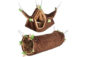 Petmolico 2 Pack Small Animal Hammocks, Warm Plush Hanging Tunnel & Double Tier Bunkbed Hammock Cage for Ferret Guinea Pig Chinchilla Squirrel Rat Hamster Hideout Sleeping Swing Hammock, Brown