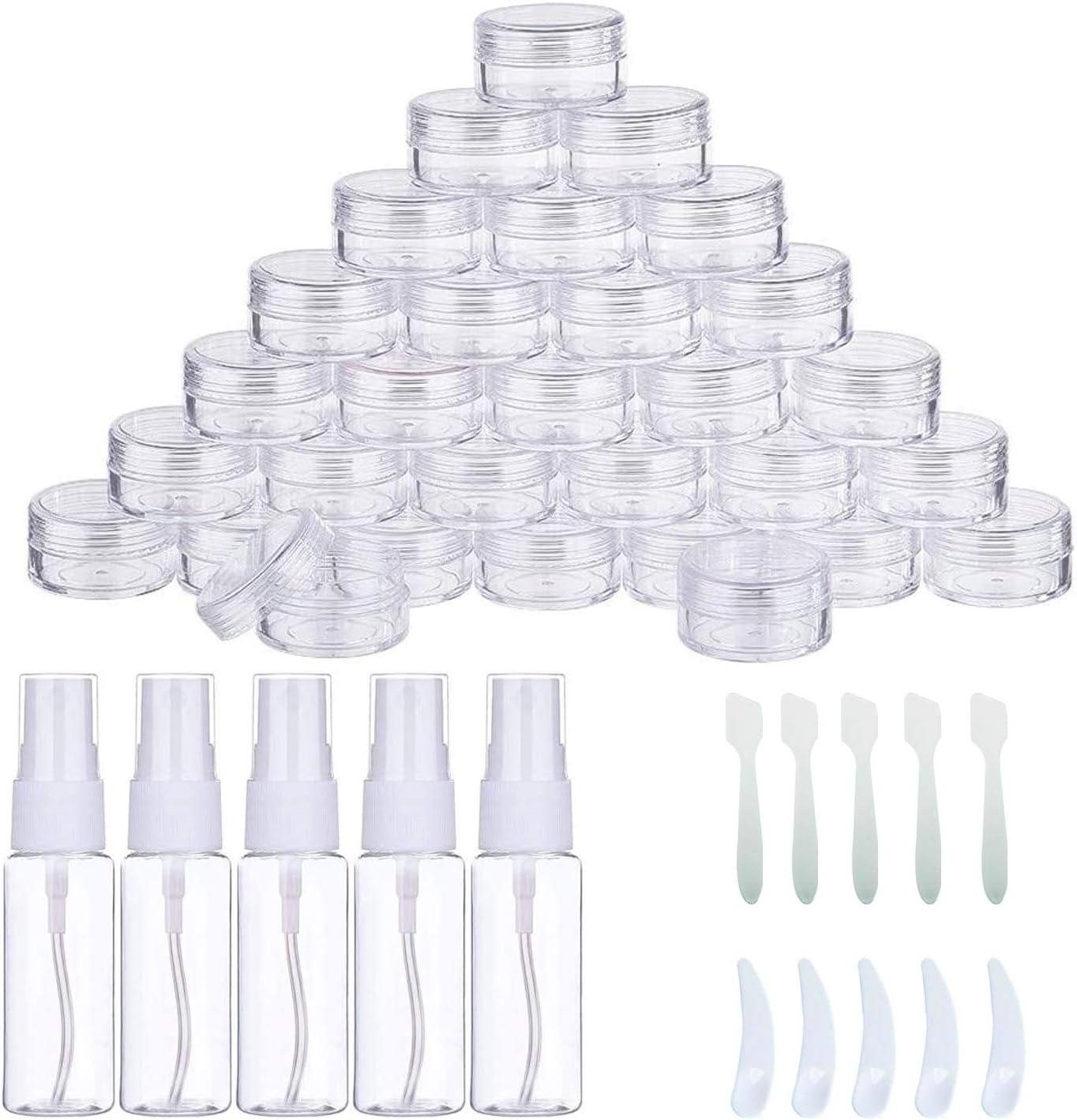 60 PCS Empty Refillable Plastic Cosmetic Jars and 30ml Spray Bottle, 10 PCS Mini Spatula for Creams, Nail Polish, Powder, Mineral Make Up Cosmetic Bottles (Round, Transparent)