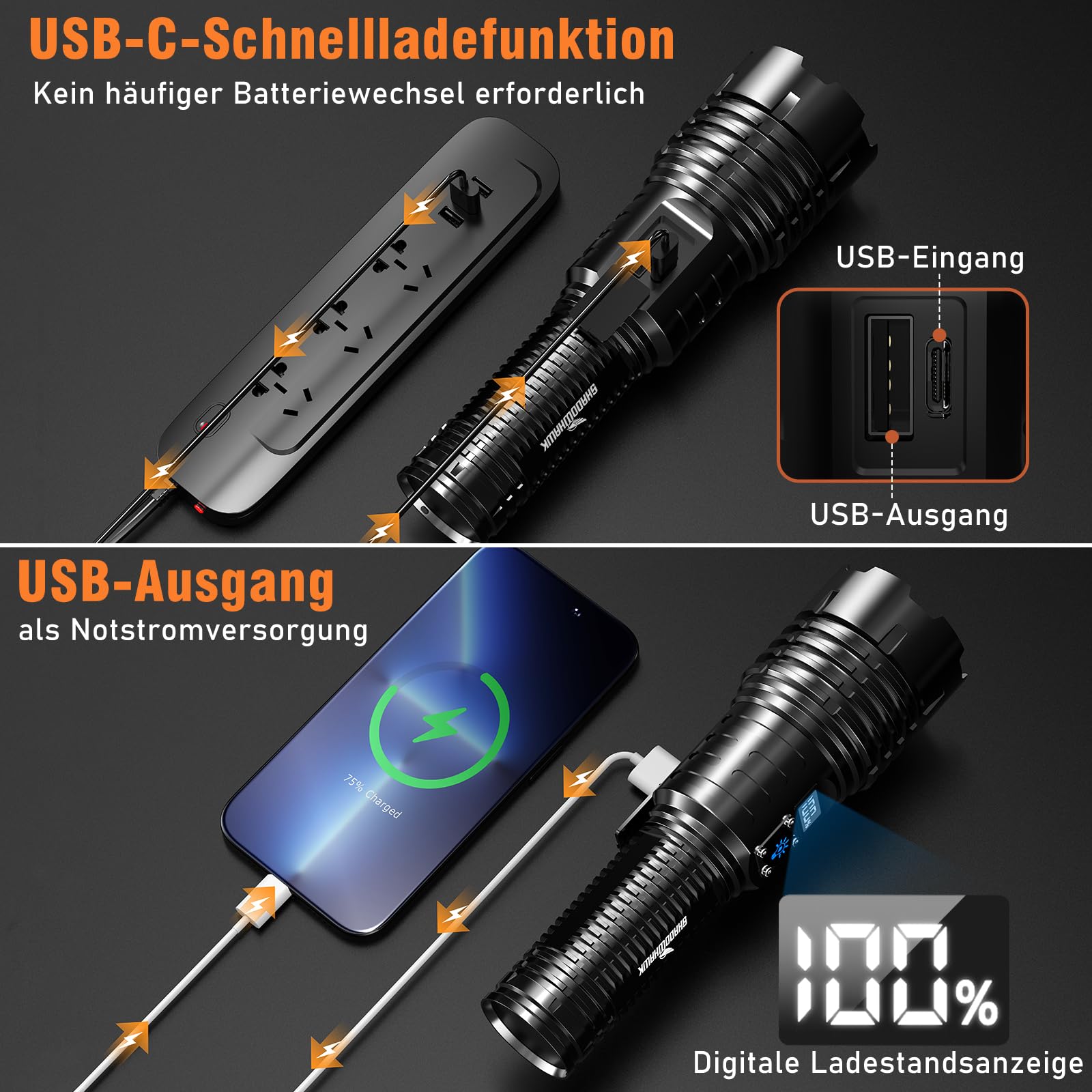 Shadowhawk Taschenlampe LED Aufladbar Extrem Hell, 500000 Lumen Taschenlampen Batteriebetrieben USB, XHM77.2 Taktische Taschenlampe Starke, Wasserdicht Flashlight Torch für Outdoor Notfälle Camping 8