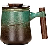 NCQIXIAO Tea Cup with Infuser and Lid, Retro Tea Mug Cups with Infuser, Wood Handle Ceramic Coffee Mug with Lid for Steeping Loose Leaf Tea 320ml/10.82OZ (Vintage Green)