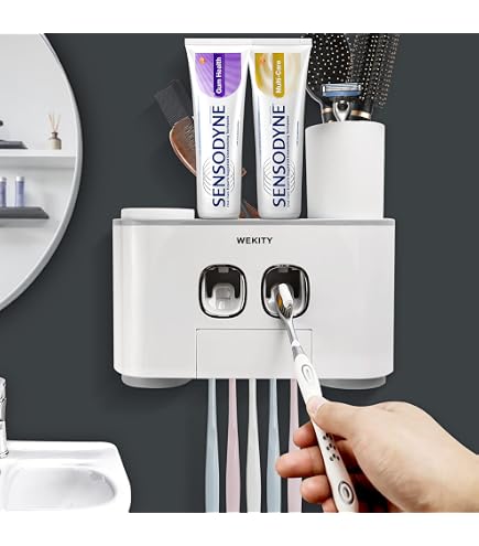 Porte-brosse à Dents Mural à 5 Emplacements Avec Couvercle - Autocollant, Sans Perçage - Avec Distributeur De Dentifrice, Dimensions 13.5x4.5x4.5 Cm