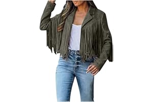 Tapanet Women's Fringe Faux Suede Leather Jackets Tassel Cropped Coats Western Cowboy Jacket Outerwear Hippie Concert Outfits