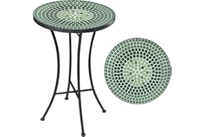 Vipush Mosaic Outdoor Side Table, 14" Round Folding Plant Stand for Patio Garden Backyard Balcony Porch Indoor Accent End Table for Living Room, Ceramic Tabletop with Black Iron, Green