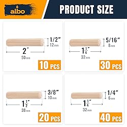 ALBO Wooden Dowel Pins 100 Pack Assorted Sizes 1/2