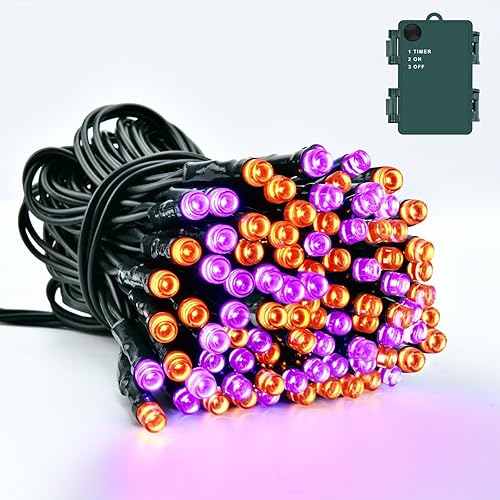 Dalugo Halloween Decoration Lights, 5M 50 LED Orange Purple Fairy Lights with Timer,IP65 Waterproof Battery Operated Lights for Indoor Outdoor Autumn Halloween Party Decorations(Green Wire)