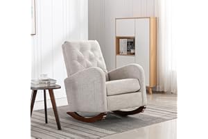 ANTETEK Modern Accent Rocking Chair, Upholstered Nursery Glider Rocker for Baby and Kids, Comfy Armchair with Side Pocket, Living Room Lounge Arm Chair, High Backrest with Decorative Buttons, Light Grey