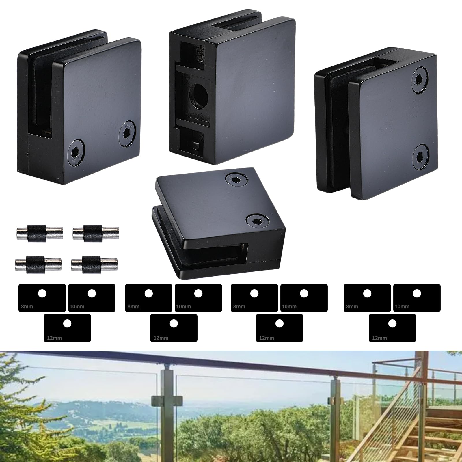 Photo 1 of Glass Clamp?4PCS Adjustable Glass Shelf Bracket, 1/3 "-1/2 " 304 Stainless Steel Glass Clamps, Glass Clamp Bracket is Suitable for Railing, Stairs, Glass Wall, All Kinds of Glass (Black-4pcs)